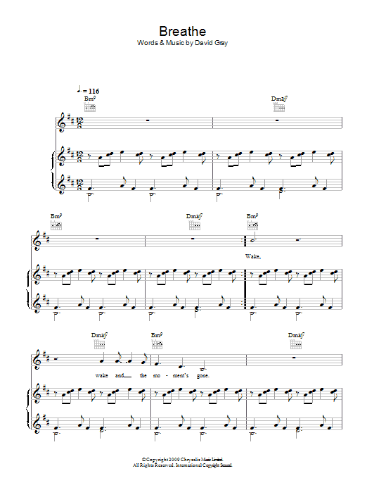 Preview David Gray Breathe Rock sheet music, notes and chords for Piano, Vocal & Guitar, SKU: 49530 Breathe sheet music