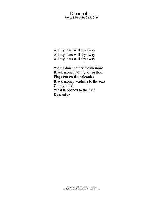 Preview David Gray December Pop sheet music, notes and chords for Piano, Vocal & Guitar, SKU: 22012 December sheet music