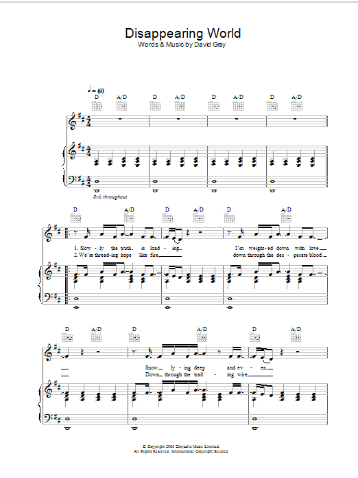 Preview David Gray Disappearing World Pop sheet music, notes and chords for Piano, Vocal & Guitar, SKU: 33862 Disappearing World sheet music