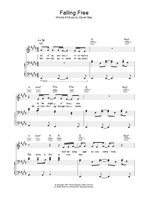 Preview David Gray Falling Free Pop sheet music, notes and chords for Piano, Vocal & Guitar, SKU: 33860 Falling Free sheet music