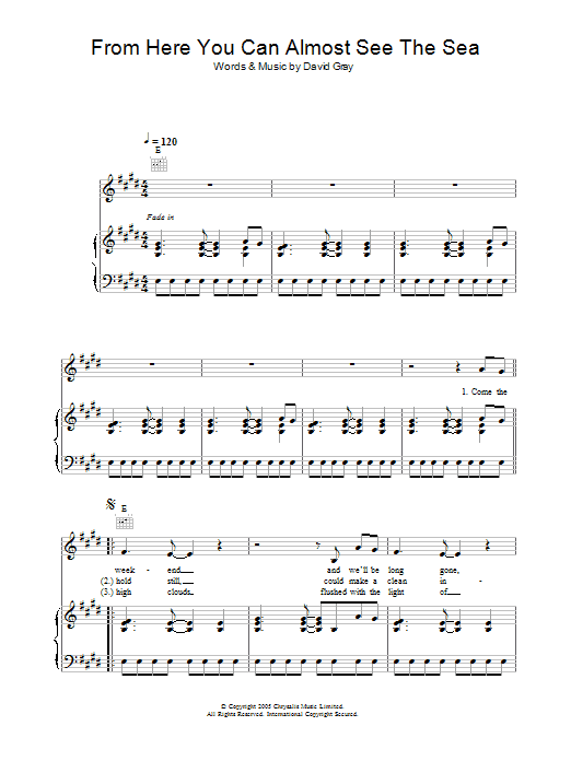 Preview David Gray From Here You Can Almost See The Sea Pop sheet music, notes and chords for Piano, Vocal & Guitar (Right-Hand Melody), SKU: 32878 From Here You Can Almost See The Sea sheet music