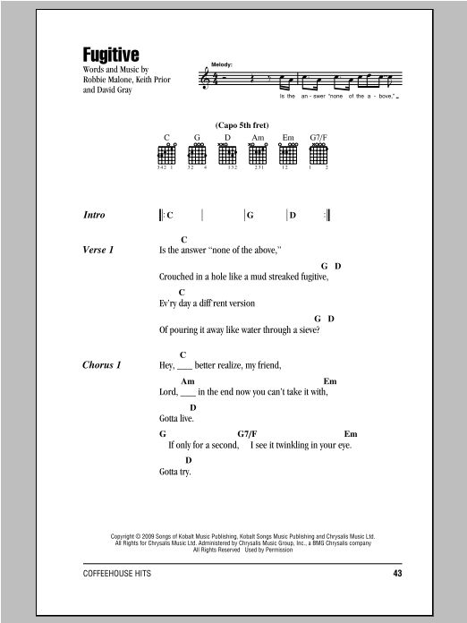 Preview David Gray Fugitive Rock sheet music, notes and chords for Piano, Vocal & Guitar, SKU: 49367 Fugitive sheet music