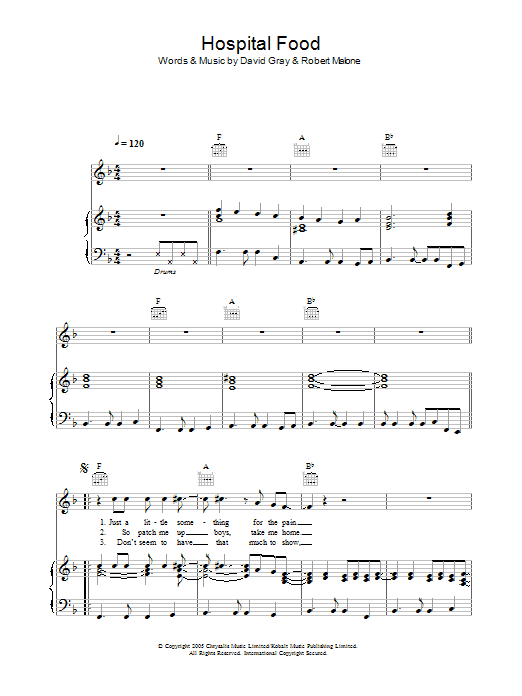 Preview David Gray Hospital Food Pop sheet music, notes and chords for Piano, Vocal & Guitar (Right-Hand Melody), SKU: 32880 Hospital Food sheet music