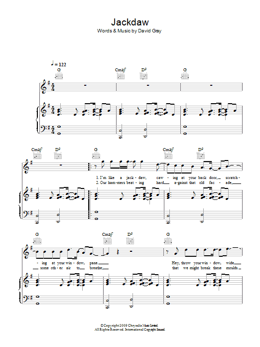 Preview David Gray Jackdaw Rock sheet music, notes and chords for Piano, Vocal & Guitar, SKU: 49372 Jackdaw sheet music