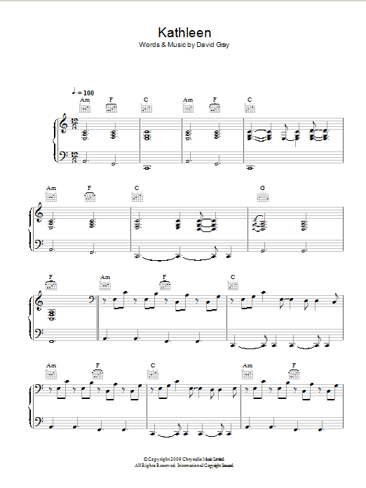Preview David Gray Kathleen Rock sheet music, notes and chords for Piano, Vocal & Guitar, SKU: 49374 Kathleen sheet music