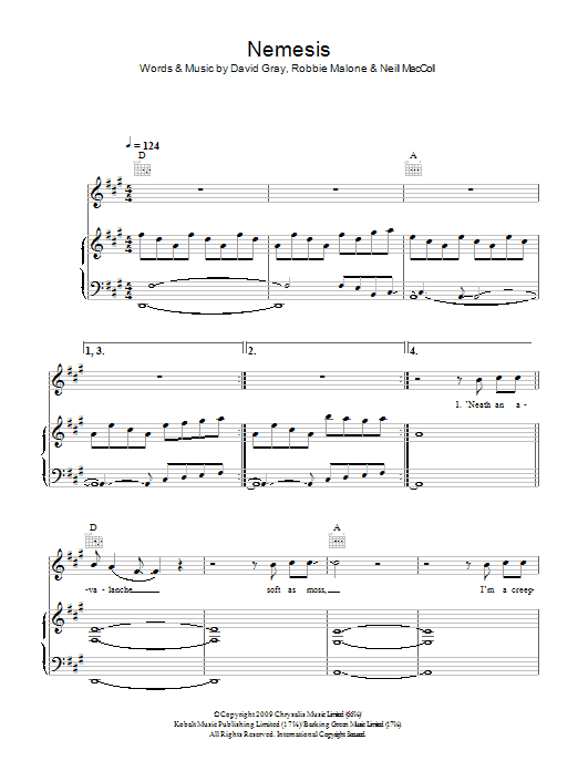 Preview David Gray Nemesis Rock sheet music, notes and chords for Piano, Vocal & Guitar, SKU: 49375 Nemesis sheet music