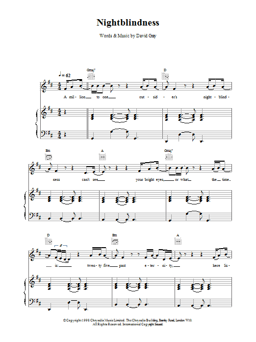 Preview David Gray Nightblindness Pop sheet music, notes and chords for Piano, Vocal & Guitar, SKU: 14601 Nightblindness sheet music