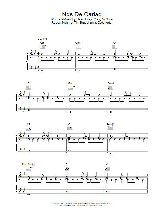Preview David Gray Nos Da Cariad Pop sheet music, notes and chords for Piano, Vocal & Guitar (Right-Hand Melody), SKU: 32876 Nos Da Cariad sheet music