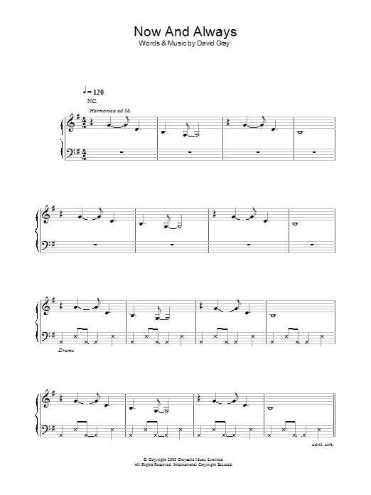 Preview David Gray Now And Always Pop sheet music, notes and chords for Piano, Vocal & Guitar, SKU: 32881 Now And Always sheet music