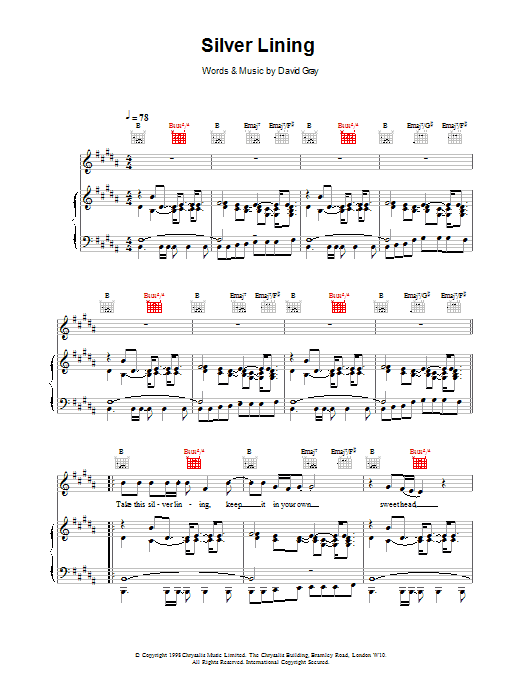 Preview David Gray Silver Lining Pop sheet music, notes and chords for Piano, Vocal & Guitar, SKU: 14605 Silver Lining sheet music
