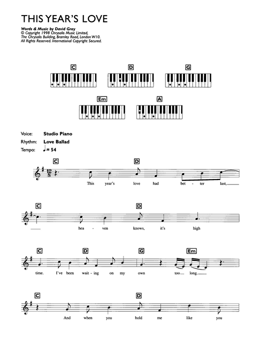 Preview David Gray This Year's Love Pop sheet music, notes and chords for Piano, SKU: 32908 This Year's Love sheet music