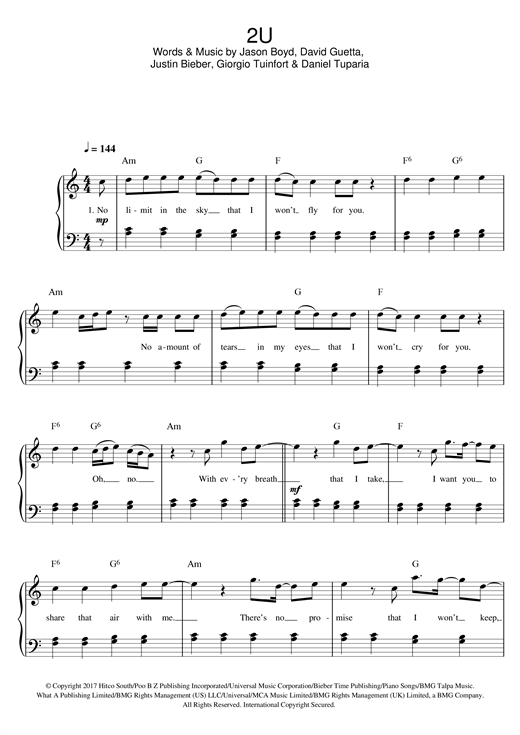 David Guetta 2U (feat. Justin Bieber) Sheet Music Notes & Chords for Easy Piano - Download or Print PDF