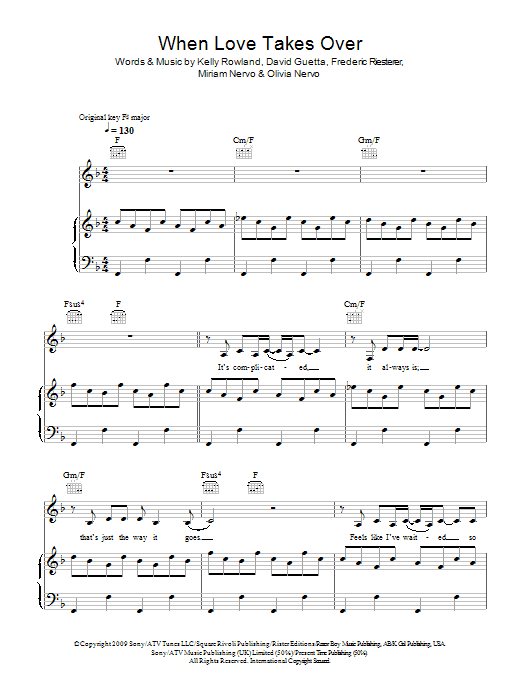 Preview David Guetta featuring Kelly Rowland When Love Takes Over Pop sheet music, notes and chords for Piano, Vocal & Guitar, SKU: 48304 When Love Takes Over sheet music