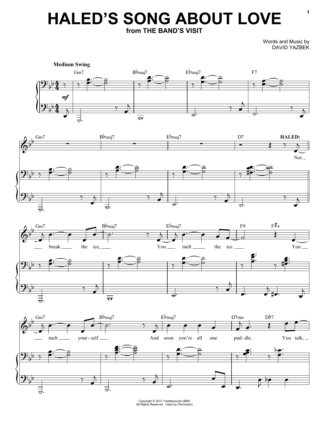 Preview David Yazbek Haled's Song About Love Broadway sheet music, notes and chords for Piano & Vocal, SKU: 252832 Haled's Song About Love sheet music