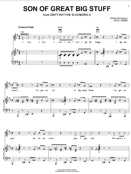 Preview David Yazbek Son Of Great Big Stuff Musicals sheet music, notes and chords for Piano, Vocal & Guitar (Right-Hand Melody), SKU: 53605 Son Of Great Big Stuff sheet music