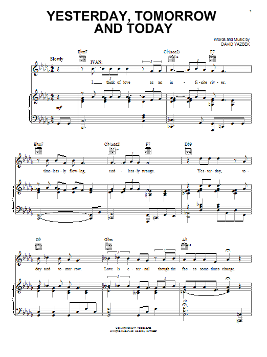 Preview David Yazbek Yesterday, Tomorrow And Today Broadway sheet music, notes and chords for Piano, Vocal & Guitar (Right-Hand Melody), SKU: 89046 Yesterday, Tomorrow And Today sheet music