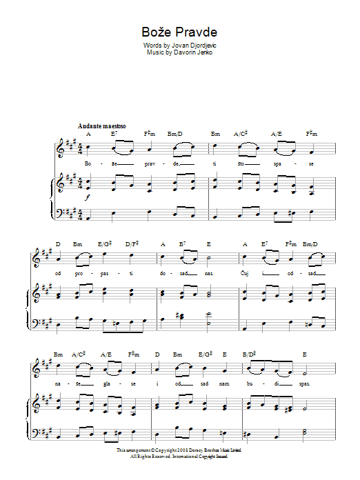 Davorin Jenko Boze Pravde (Serbian National Anthem) Sheet Music Notes & Chords for Piano, Vocal & Guitar (Right-Hand Melody) - Download or Print PDF