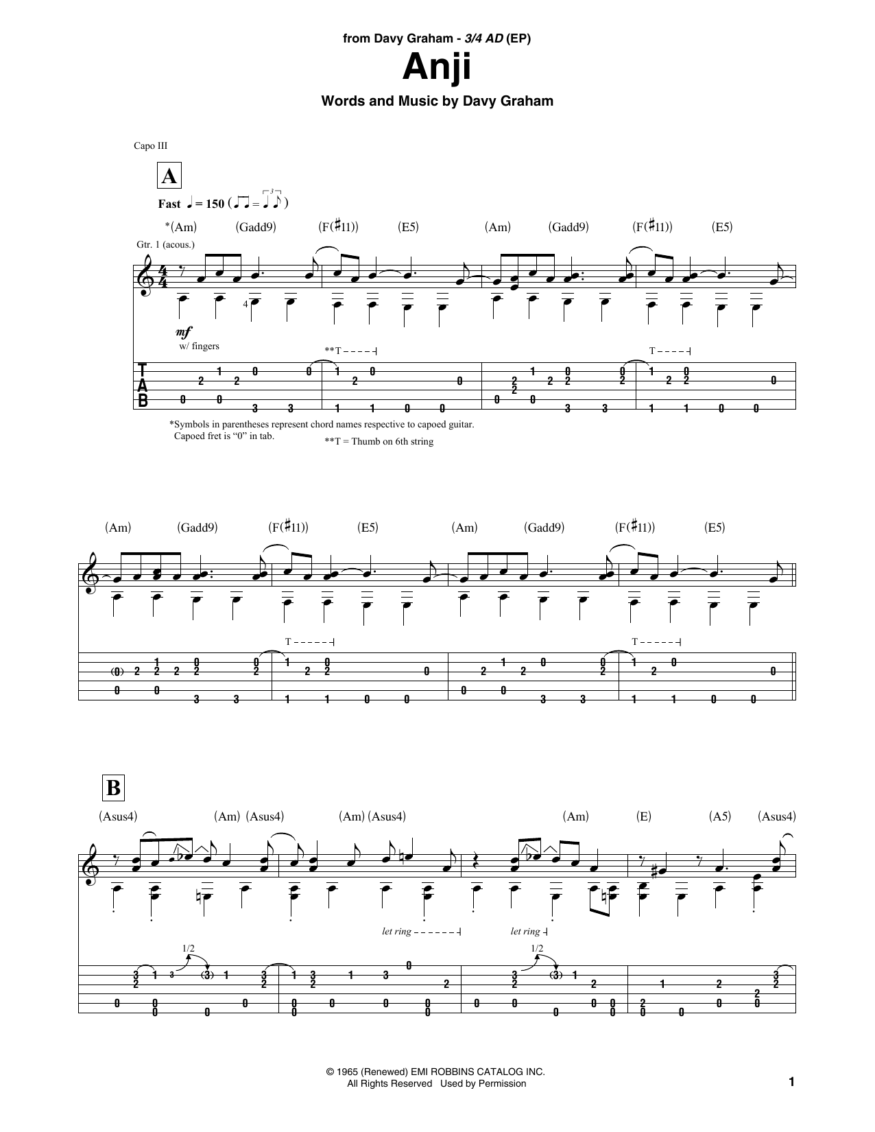 Davy Graham Anji Sheet Music Notes & Chords for Solo Guitar Tab - Download or Print PDF