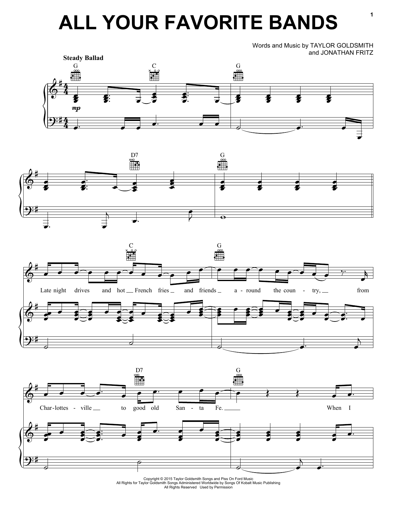 Dawes All Your Favorite Bands Sheet Music Notes & Chords for Piano, Vocal & Guitar Chords (Right-Hand Melody) - Download or Print PDF