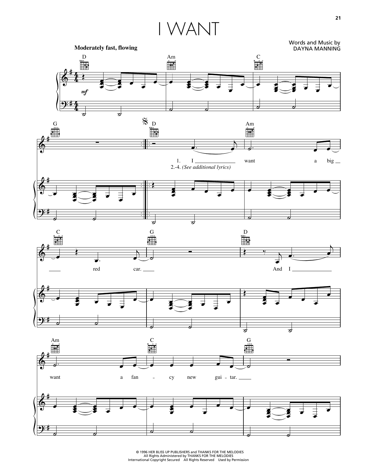 Dayna Manning I Want Sheet Music Notes & Chords for Piano, Vocal & Guitar Chords (Right-Hand Melody) - Download or Print PDF