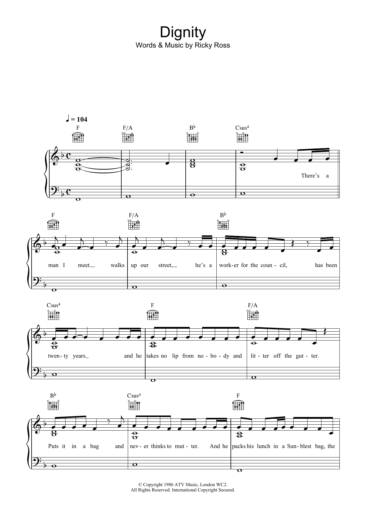 Deacon Blue Dignity Sheet Music Notes & Chords for Piano, Vocal & Guitar (Right-Hand Melody) - Download or Print PDF