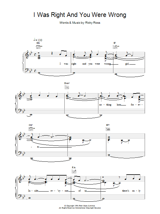Deacon Blue I Was Right And You Were Wrong Sheet Music Notes & Chords for Piano, Vocal & Guitar (Right-Hand Melody) - Download or Print PDF