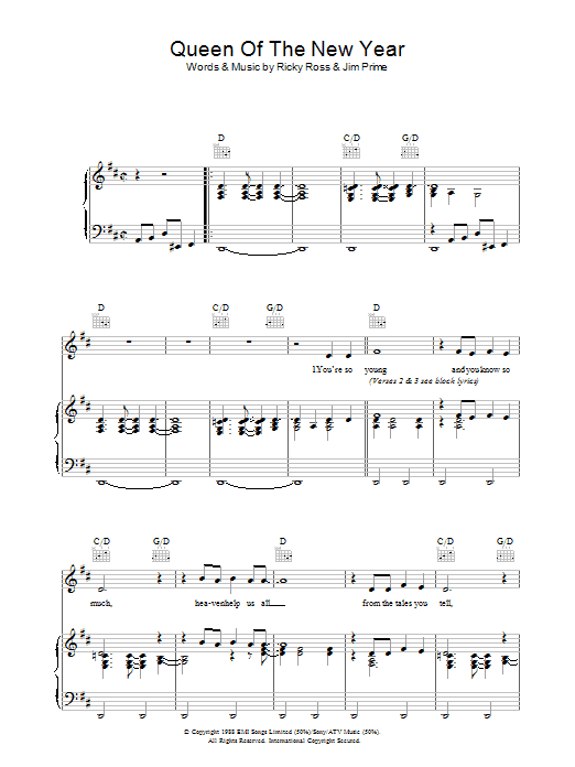 Deacon Blue Queen Of The New Year Sheet Music Notes & Chords for Piano, Vocal & Guitar (Right-Hand Melody) - Download or Print PDF