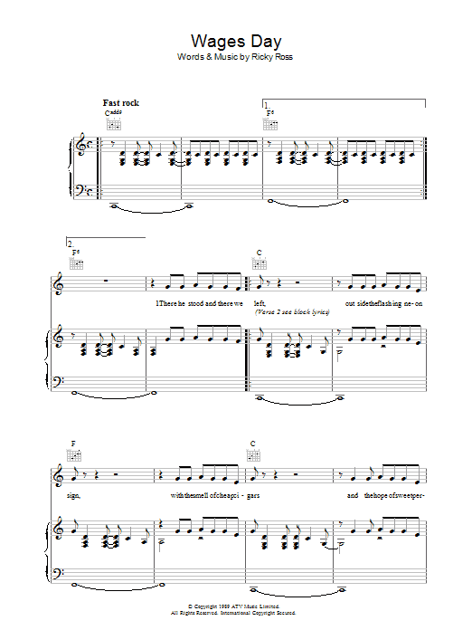 Deacon Blue Wages Day Sheet Music Notes & Chords for Piano, Vocal & Guitar (Right-Hand Melody) - Download or Print PDF
