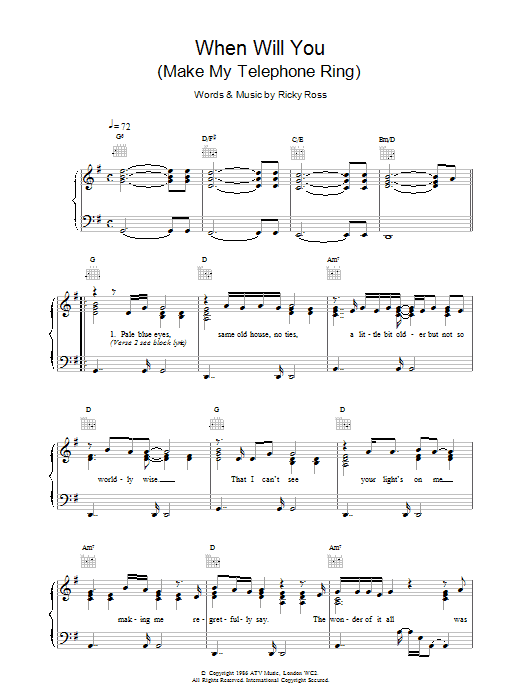 Deacon Blue When Will You (Make My Telephone Ring) Sheet Music Notes & Chords for Piano, Vocal & Guitar (Right-Hand Melody) - Download or Print PDF