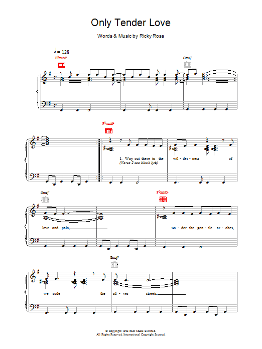 Preview Deacon Blue Only Tender Love Rock sheet music, notes and chords for Piano, Vocal & Guitar (Right-Hand Melody), SKU: 15103 Only Tender Love sheet music