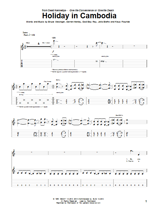 Dead Kennedys Holiday In Cambodia Sheet Music Notes & Chords for Guitar Tab - Download or Print PDF