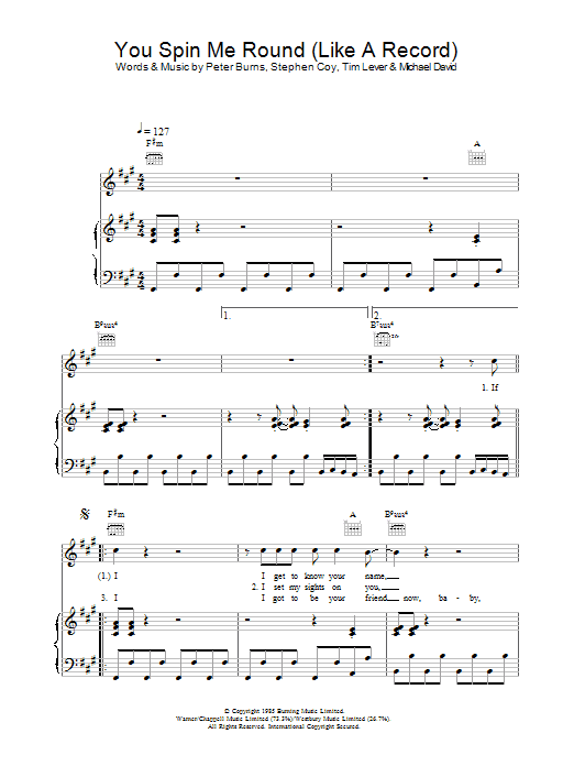 Dead Or Alive You Spin Me Round (Like A Record) Sheet Music Notes & Chords for Piano, Vocal & Guitar - Download or Print PDF
