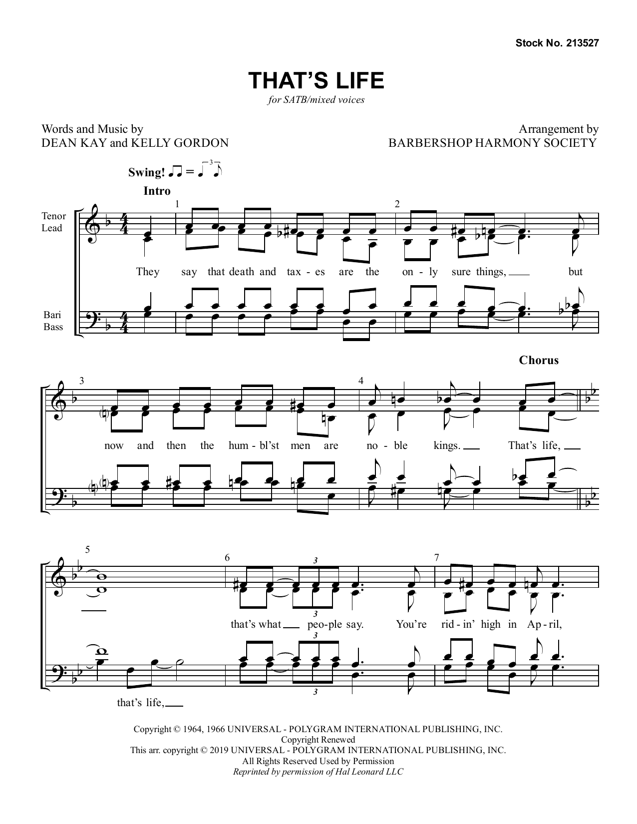 Dean Kay & Kelly Gordon That's Life (arr. Barbershop Harmony Society) Sheet Music Notes & Chords for SATB Choir - Download or Print PDF