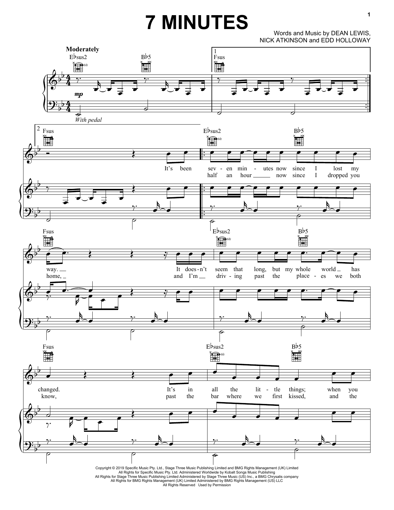 Dean Lewis 7 Minutes Sheet Music Notes & Chords for Piano, Vocal & Guitar (Right-Hand Melody) - Download or Print PDF
