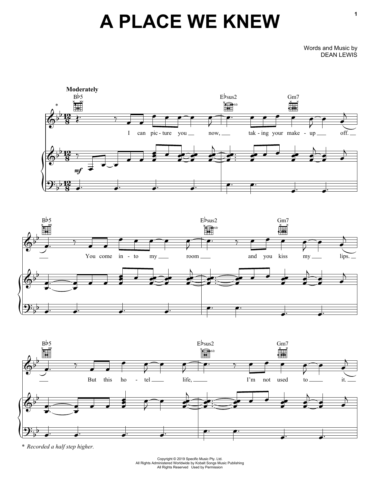 Dean Lewis A Place We Knew Sheet Music Notes & Chords for Piano, Vocal & Guitar (Right-Hand Melody) - Download or Print PDF