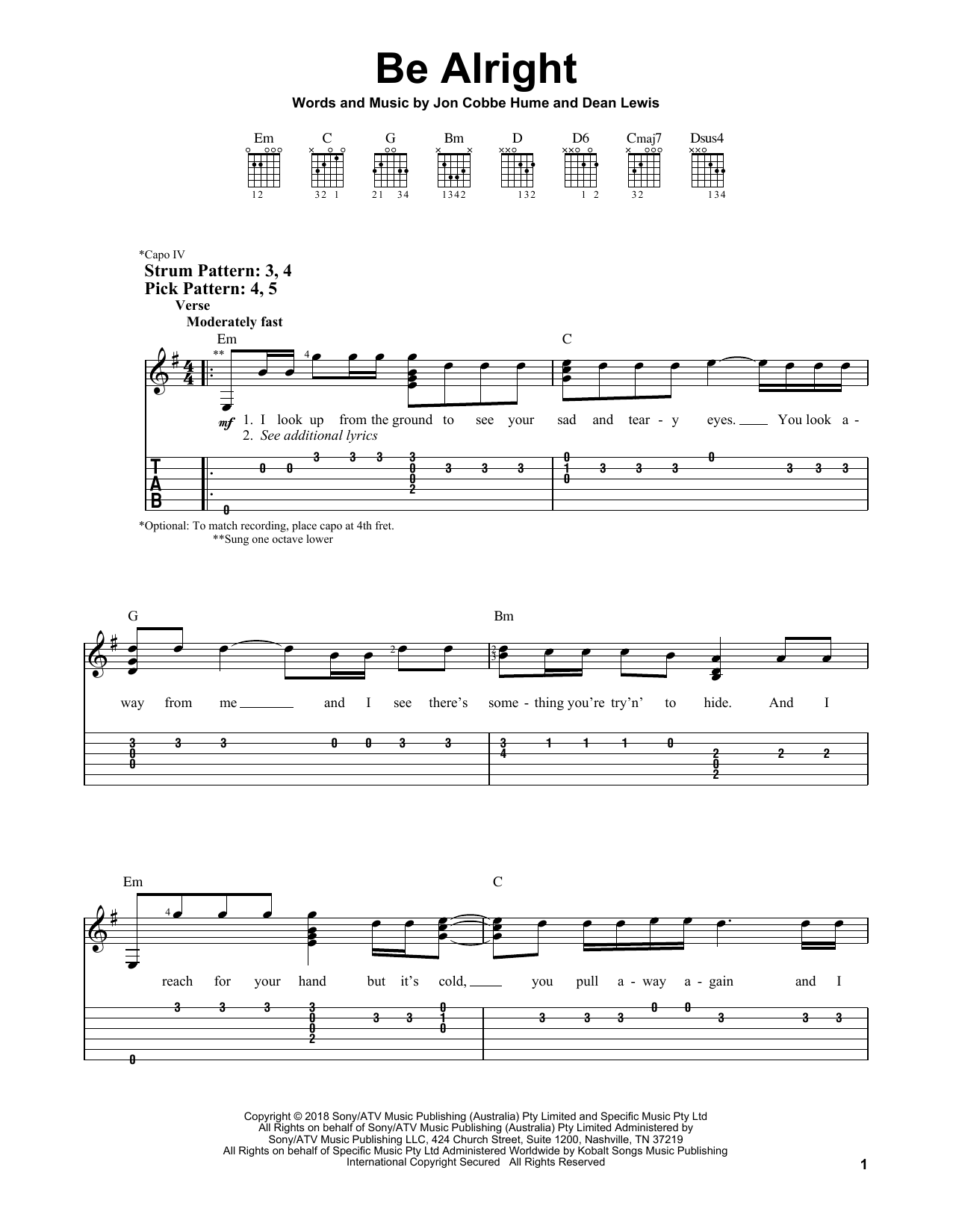 Dean Lewis Be Alright Sheet Music Notes & Chords for Easy Guitar Tab - Download or Print PDF