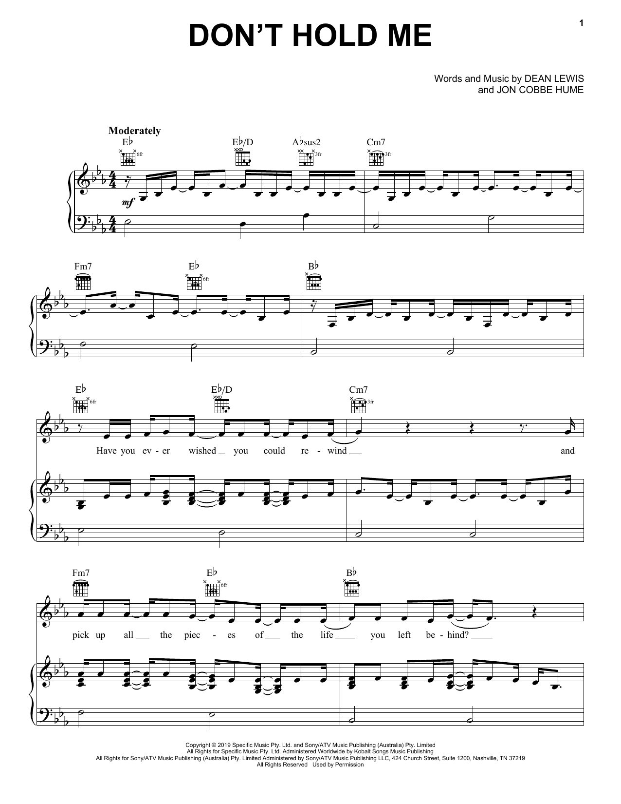 Dean Lewis Don't Hold Me Sheet Music Notes & Chords for Piano, Vocal & Guitar (Right-Hand Melody) - Download or Print PDF