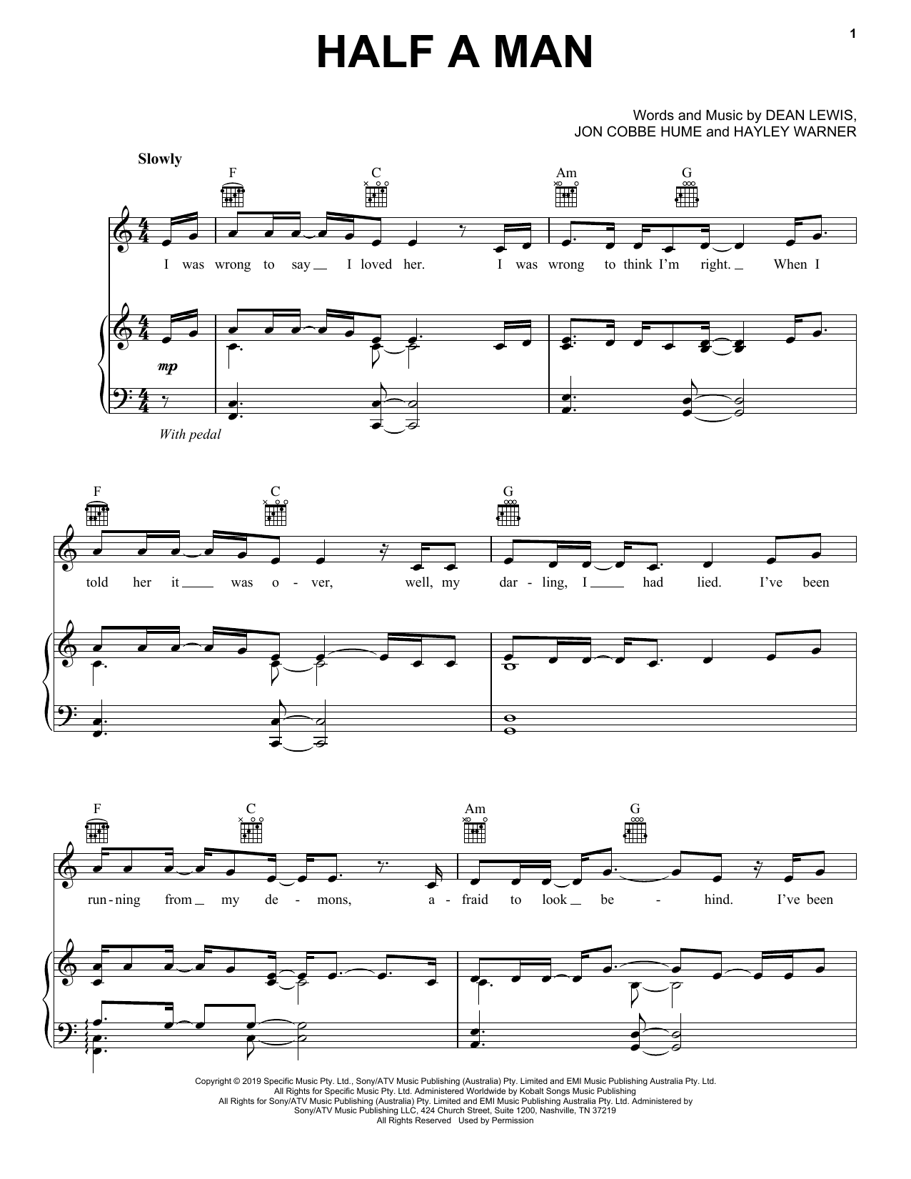 Dean Lewis Half A Man Sheet Music Notes & Chords for Piano, Vocal & Guitar (Right-Hand Melody) - Download or Print PDF