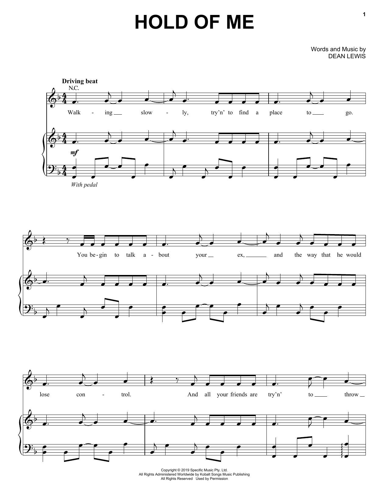 Dean Lewis Hold Of Me Sheet Music Notes & Chords for Piano, Vocal & Guitar (Right-Hand Melody) - Download or Print PDF