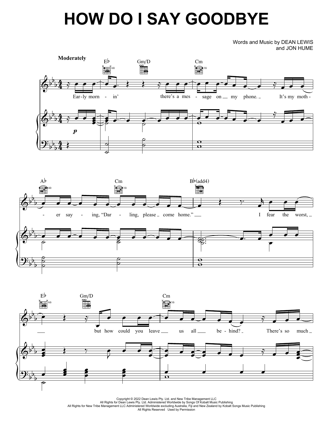 Dean Lewis How Do I Say Goodbye Sheet Music Notes & Chords for Piano, Vocal & Guitar Chords (Right-Hand Melody) - Download or Print PDF