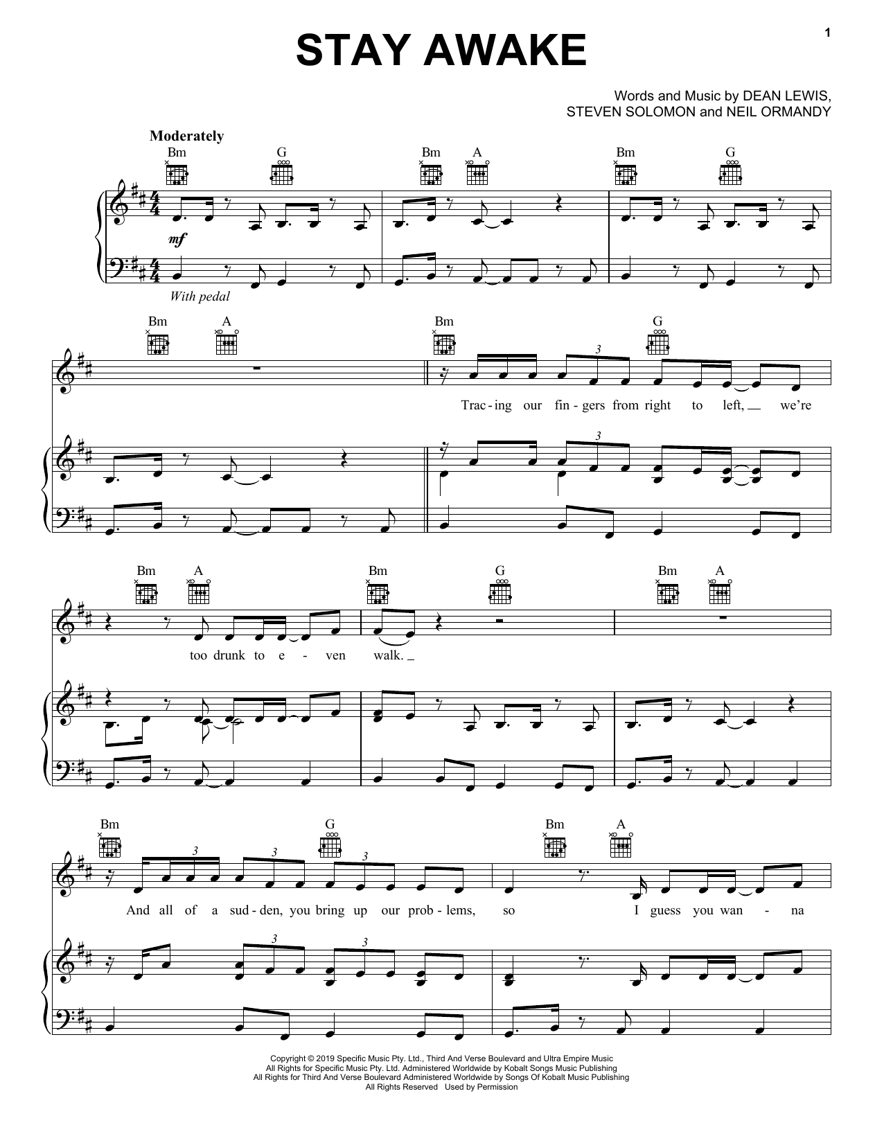 Dean Lewis Stay Awake Sheet Music Notes & Chords for Piano, Vocal & Guitar (Right-Hand Melody) - Download or Print PDF