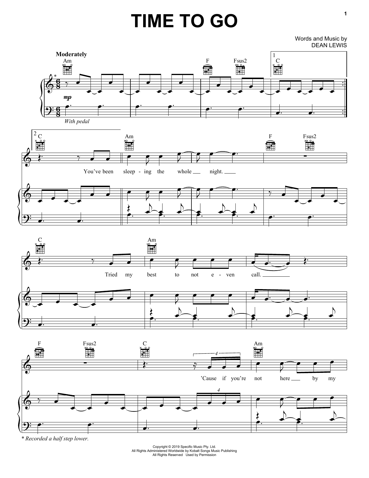 Dean Lewis Time To Go Sheet Music Notes & Chords for Piano, Vocal & Guitar (Right-Hand Melody) - Download or Print PDF