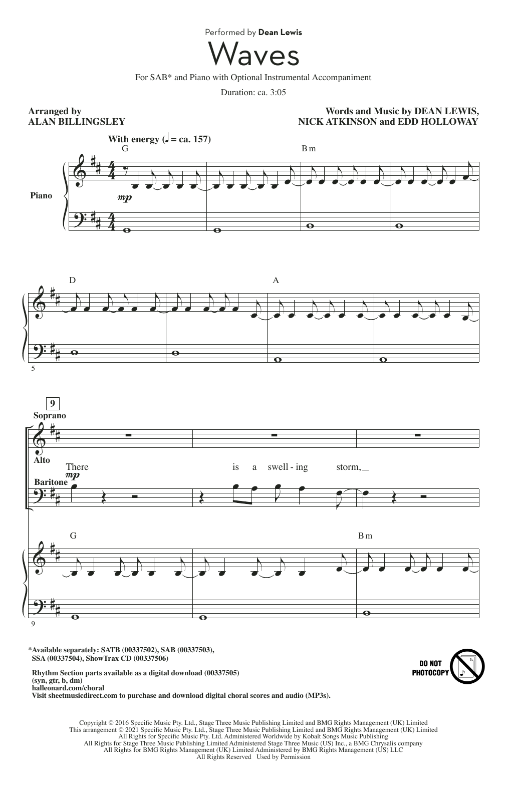 Dean Lewis Waves (arr. Alan Billingsley) Sheet Music Notes & Chords for SAB Choir - Download or Print PDF