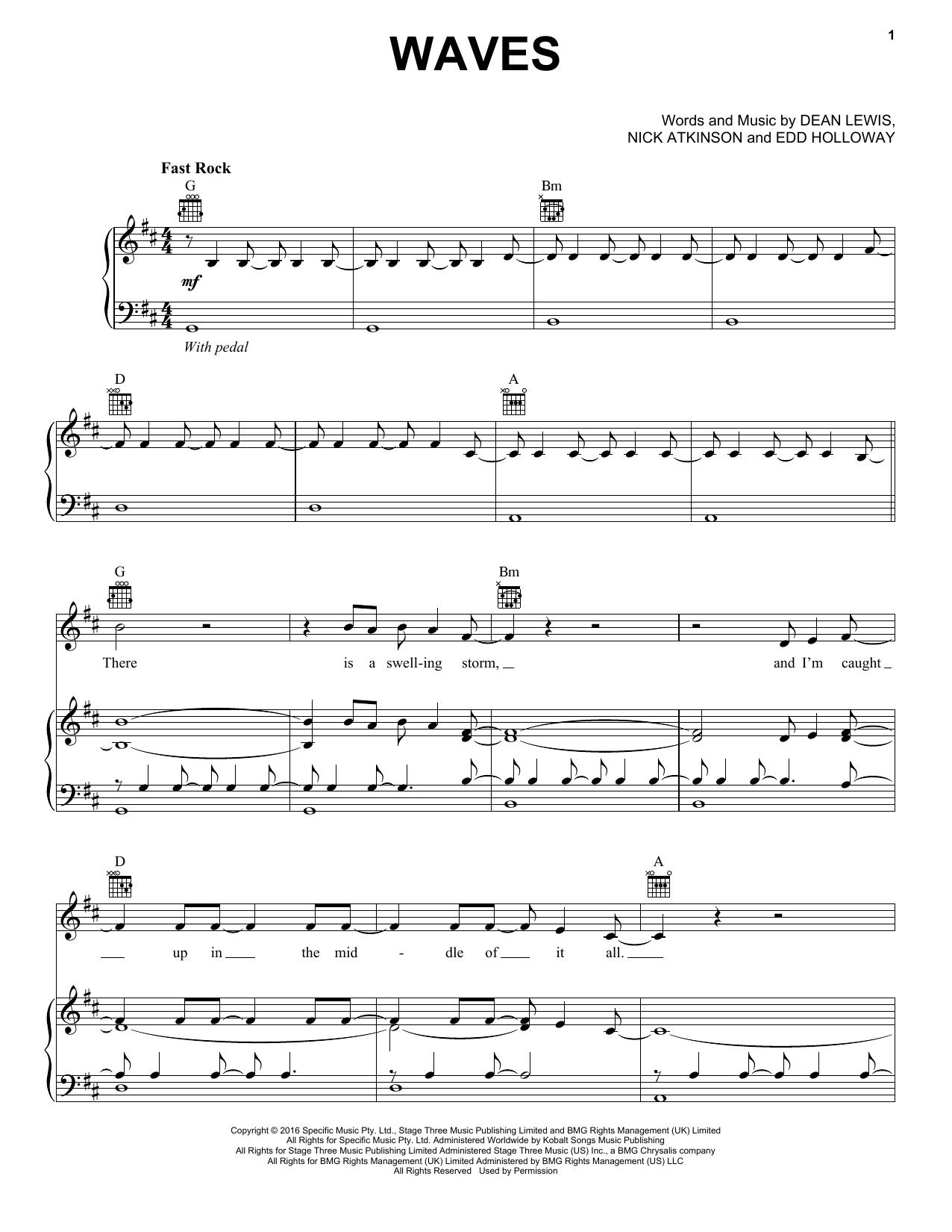 Dean Lewis Waves Sheet Music Notes & Chords for Piano, Vocal & Guitar (Right-Hand Melody) - Download or Print PDF