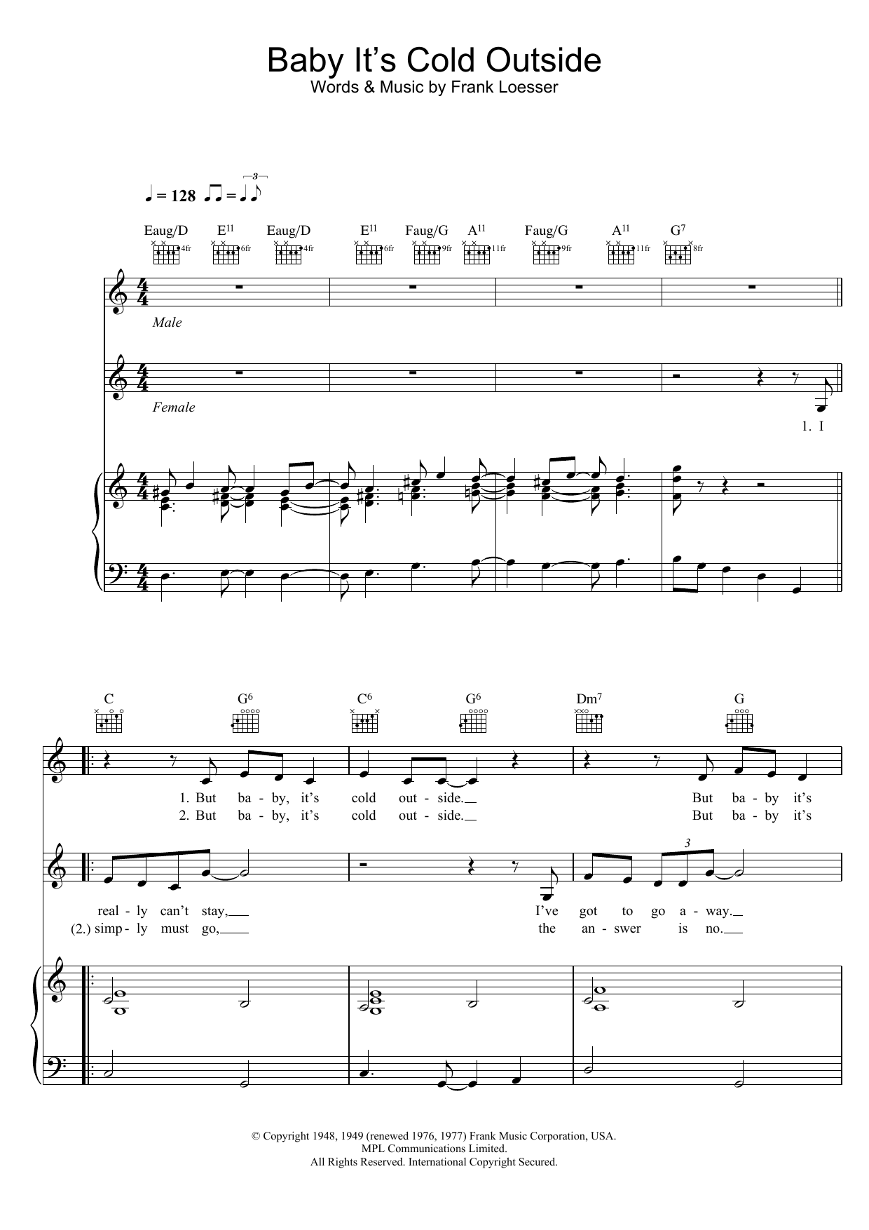 Dean Martin Baby, It's Cold Outside Sheet Music Notes & Chords for Piano, Vocal & Guitar - Download or Print PDF