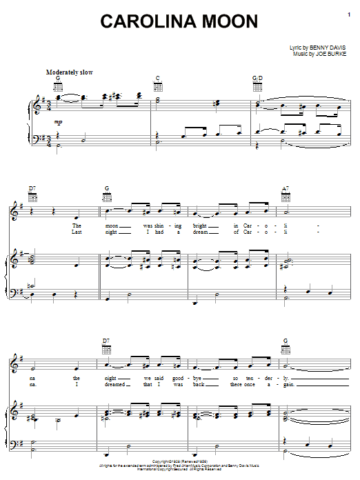Dean Martin Carolina Moon Sheet Music Notes & Chords for Piano, Vocal & Guitar (Right-Hand Melody) - Download or Print PDF
