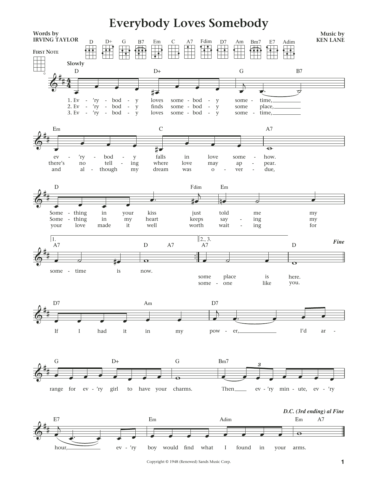 Dean Martin Everybody Loves Somebody (from The Daily Ukulele) (arr. Liz and Jim Beloff) Sheet Music Notes & Chords for Ukulele - Download or Print PDF