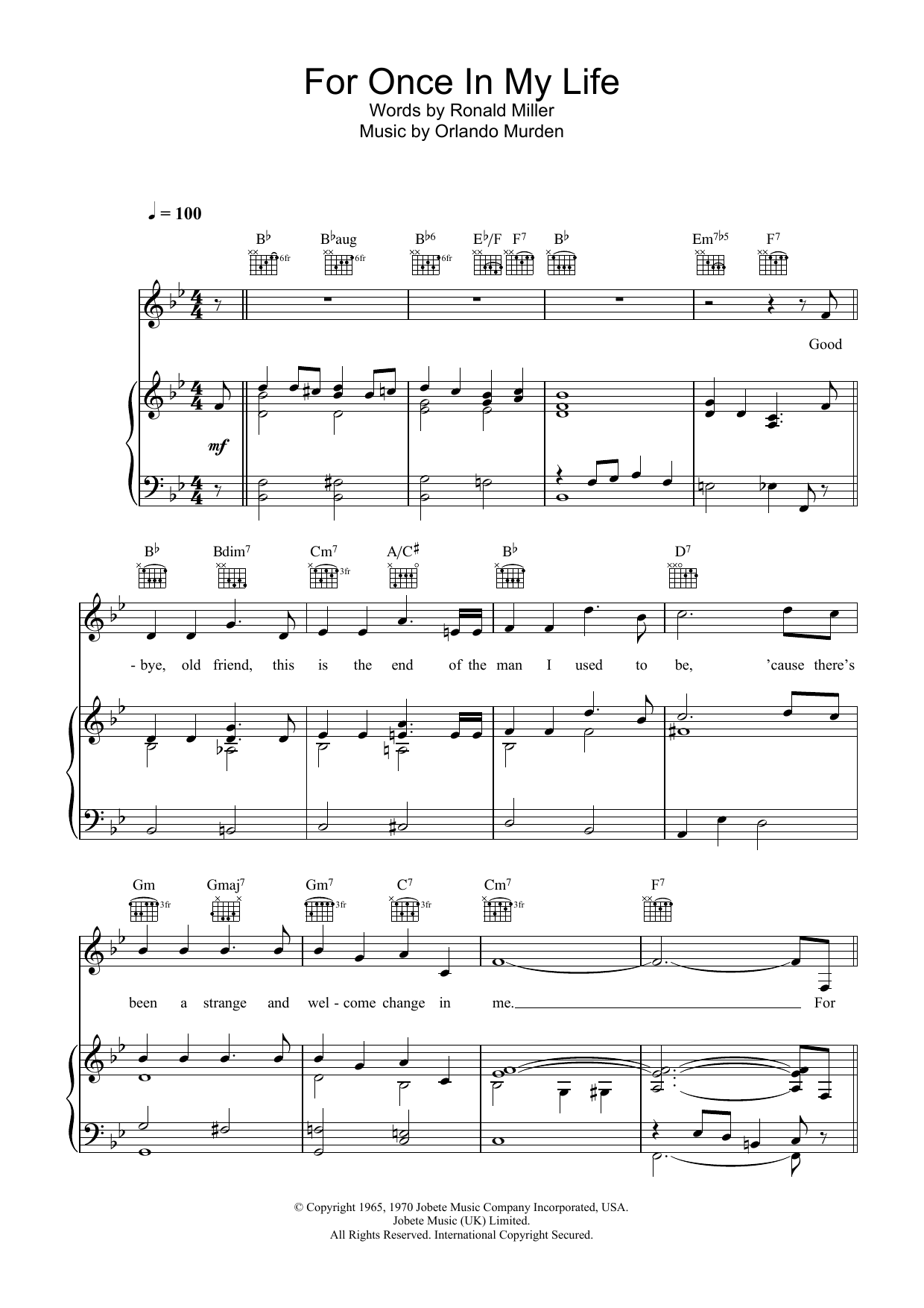Stevie Wonder For Once In My Life Sheet Music Notes & Chords for Piano, Vocal & Guitar (Right-Hand Melody) - Download or Print PDF