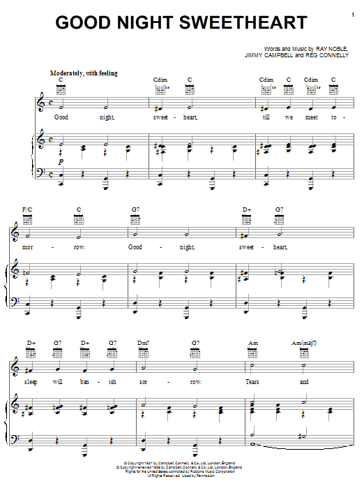 Dean Martin Good Night Sweetheart Sheet Music Notes & Chords for Piano, Vocal & Guitar (Right-Hand Melody) - Download or Print PDF