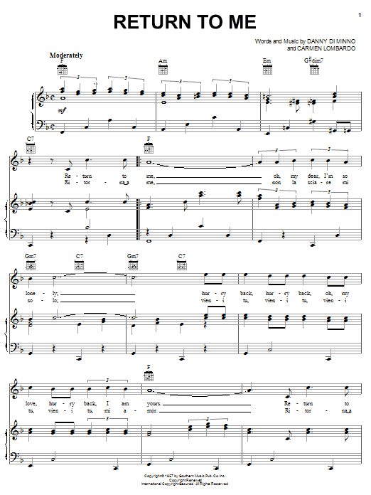 Dean Martin Return To Me Sheet Music Notes & Chords for Melody Line, Lyrics & Chords - Download or Print PDF